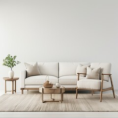 modern living room with white furniture in front of empty wall