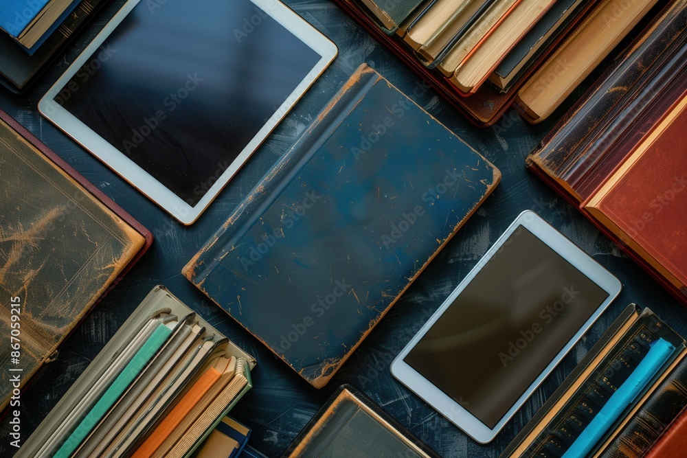 Aufkleber modern tablets and classic books lay on a dark surface, showcasing the blending of traditional and d