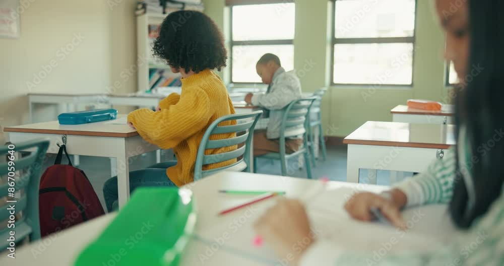 Aufkleber kids, students and smile with note passing in classroom at school for cheating on exams, test and as