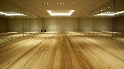 Contemporary dance studio with mirrors and hardwood floors