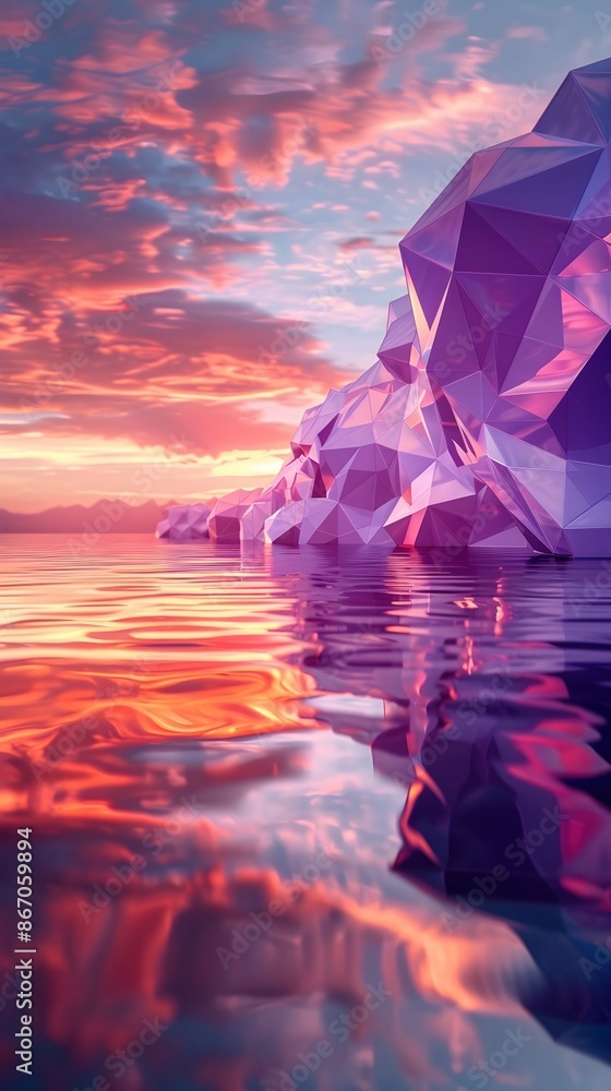 Wall mural Striking Polygonal Lake Mirroring Vivid Twilight Sky in Surreal Cinematic Landscape