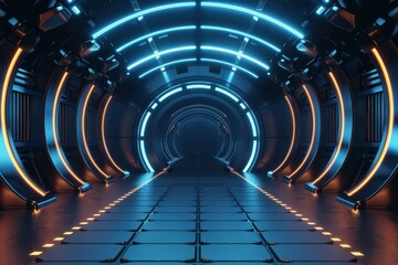 Futuristic Sci-Fi Tunnel with Neon Lights. A 3D Illustration