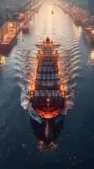 Sweeping Cinematic Harbor Vista of Towering Container Ship Departing on Global Trade Mission