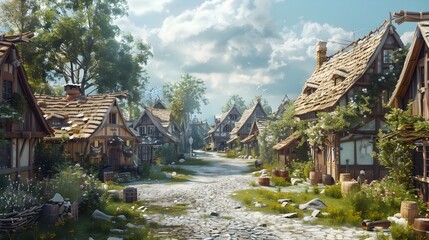 Naklejka premium Immersive Medieval Village Experience Through Virtual Reality Headset