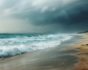 Dramatic Stormy Seascape with Crashing Waves and Raindrops on Sand