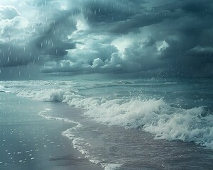 Dramatic Rainy Beach Scene with Crashing Waves and Ominous Clouds