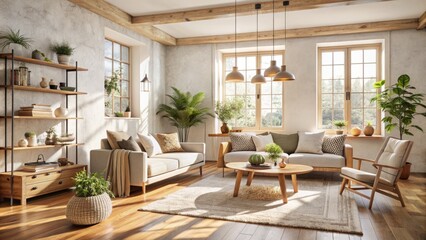 Bright airy Scandinavian-inspired Japandi living room with creamy plaster walls, reclaimed wood accents, and warm natural light flooding in.