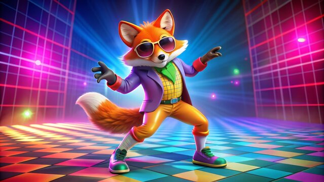 Vibrant orange fox in flashy retro attire, platform shoes, and oversized sunglasses busts a move on a colorful dance floor.