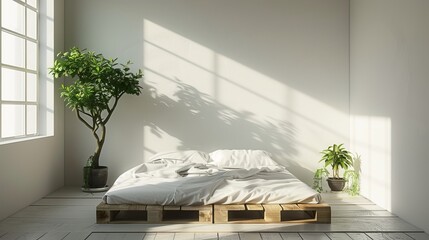 Sunny light streams through a large glass window in an empty, modern bedroom