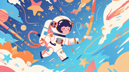 Colorful astronaut drawing in space with stars and planets, with copy space text for space, imagination, and childhood