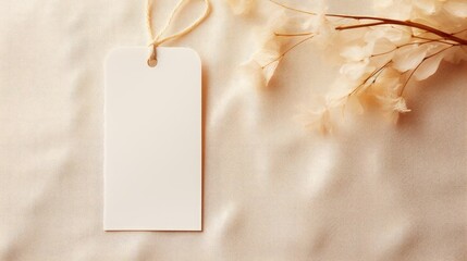 white blank tag with a rope for mockup on cream color background