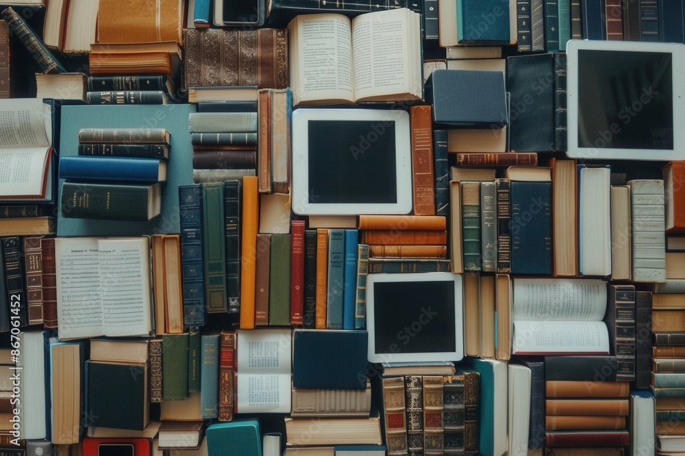Aufkleber A flat lay image showcasing the juxtaposition of traditional books with modern digital learning devices, such as tablets and e-readers. Generative AI