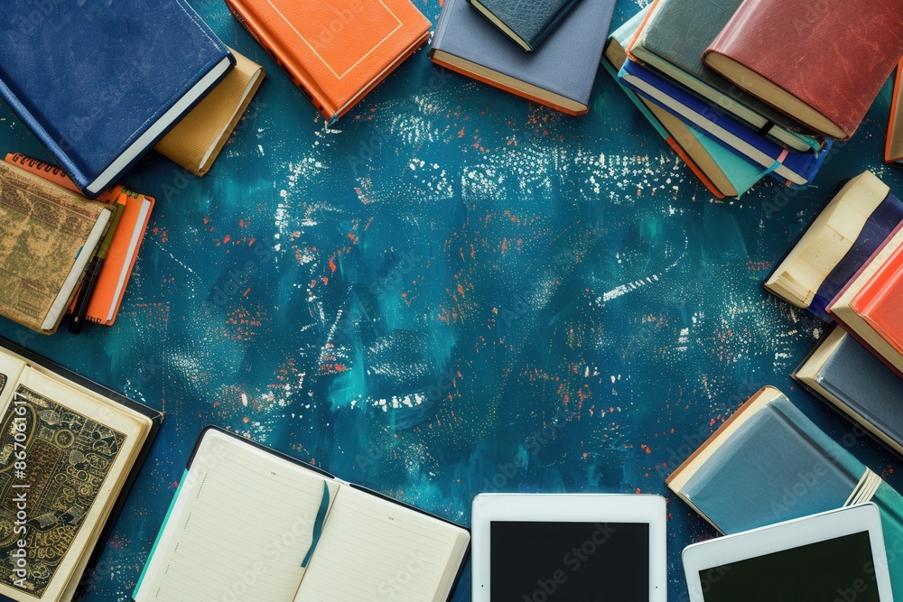 Poster an image showcasing the evolution of learning, with traditional books surrounding modern digital tab