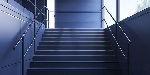 Scandinavian stairs in bold navy blue, complemented by sleek metal railings and a minimalist interior