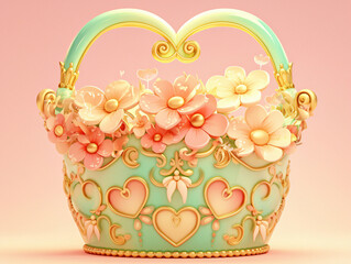 A green basket with pink flowers and gold hearts, with copy space text for love, gift, and romantic