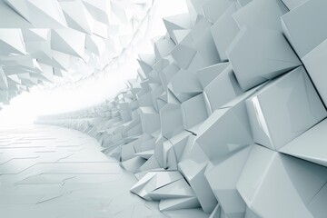 Abstract white futuristic tunnel interior design with chaotic geometric shapes. Modern minimal architecture background. 3D rendering