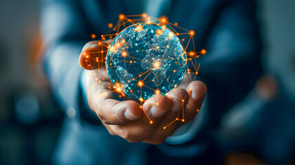 Businessman Touching Global Network Connection for International Business and Financial Analysis