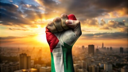 Palestinian flag wrapped around a raised clenched fist, symbolizing resistance and solidarity, against a blurred cityscape background, dawn light.