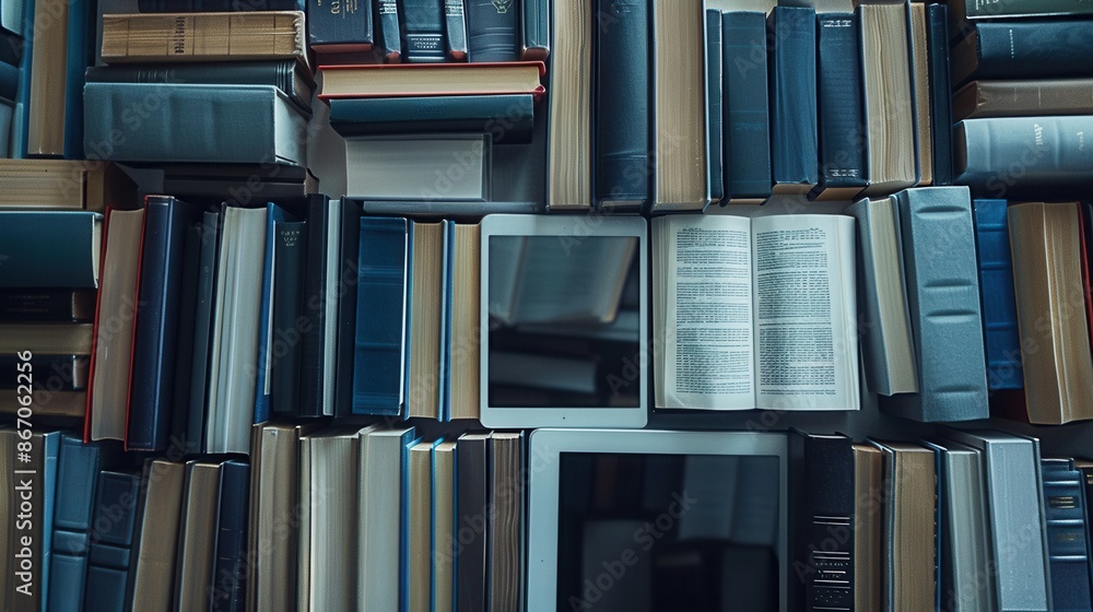 Poster A modern learning environment with tablets and e-readers displaying educational materials amidst stacks of traditional books. Generative AI