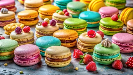 Vibrant assortment of French sweets in pastel hues, featuring delicate macaroons, colorful almond cookies, and ornate cakes on a plain background.