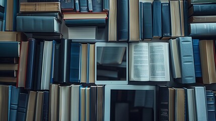 A modern learning environment with tablets and e-readers displaying educational materials amidst stacks of traditional books. Generative AI