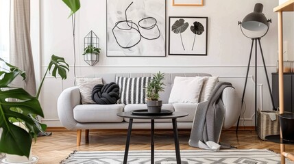 Interior of a contemporary apartment with a stylish and Scandinavian living room that features a gray sofa, pillows, plaid, plants, a design wooden toilet, a black table, a lamp, and abstract artworks