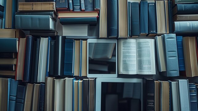 A modern learning environment with tablets and e-readers displaying educational materials amidst stacks of traditional books. Generative AI