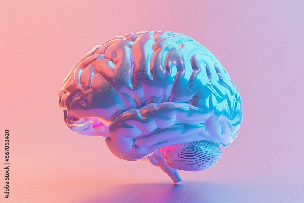 Poster shiny human brain is floating with a vibrant colored background representing concepts like artificia