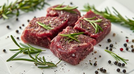 Fototapeta premium Three Raw Beef Steaks With Rosemary and Peppercorns on White Background