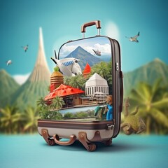 Opened suitcase with travel destination object for travel tourism poster