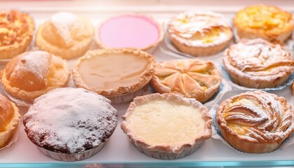 Variety of pies in a display window for sale; delicious, tasty gourmet pastries close up with selective focus