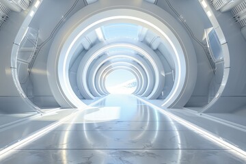 Fototapeta premium Futuristic white hallway with glowing lights and curved walls, perfect for technology, science fiction, or abstract backgrounds.