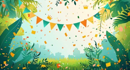 Fototapeta premium Festive Green Tropical Forest With Colorful Flags and Confetti