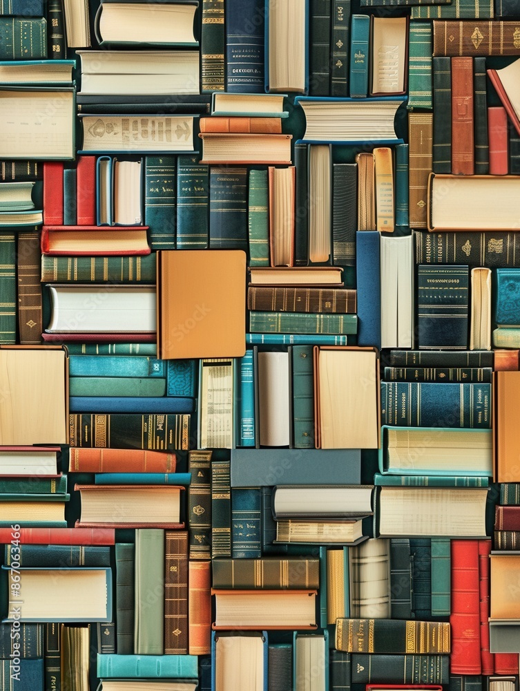 Fototapete A colorful, digitally-focused image of a library wall stacked with physical and digital books. Generative AI