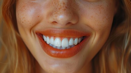 Fototapeta premium Close-up of a Smiling Woman with Freckles and Orange Lipstick - Generative AI