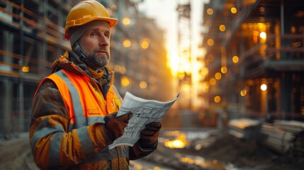 Construction Worker Holding Blueprint at Sunrise - Generative AI