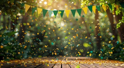 Festive Wooden Tabletop Under A Canopy Of Green Trees And Falling Confetti