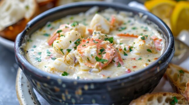 A rich and creamy seafood chowder loaded with chunks of foraged crab chunks of tender fish and hints of fragrant beach herbs.