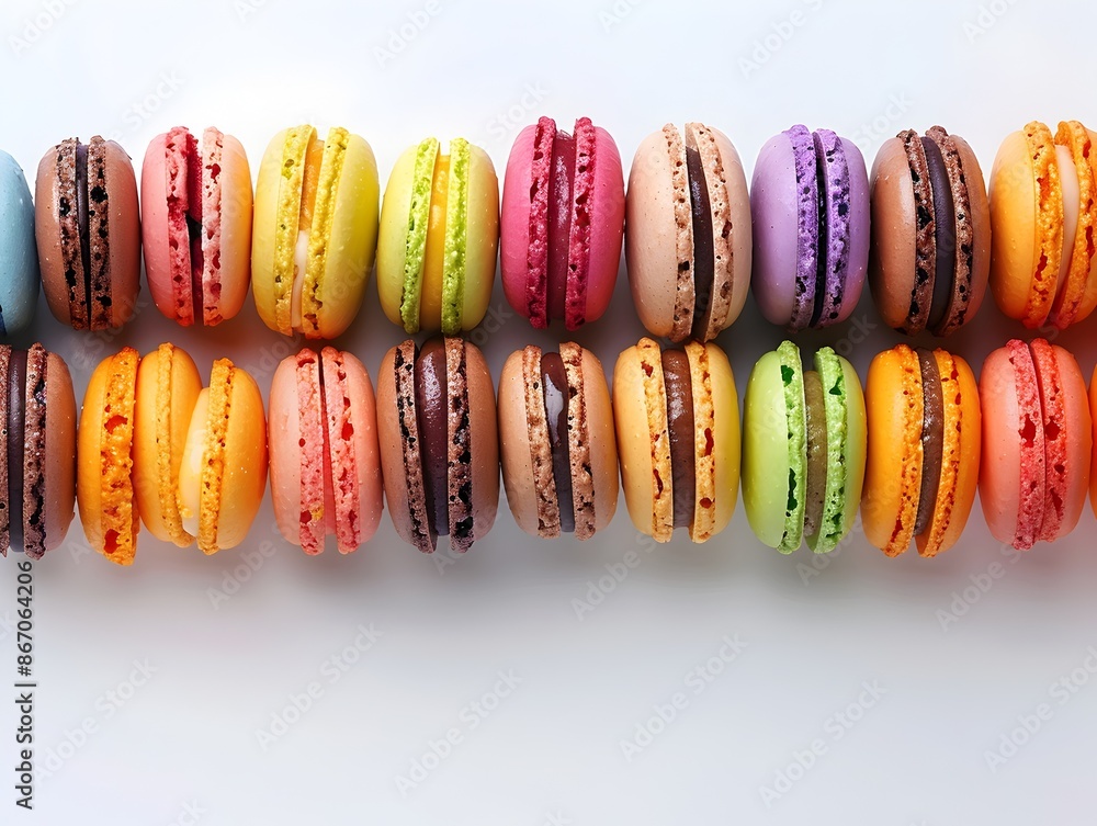 Poster colorful macaron assortment arranged in neat row on white background