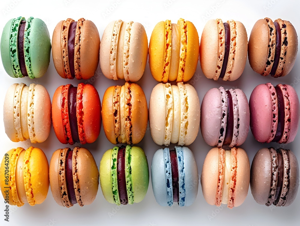 Poster vibrant macaron assortment arranged in neat rows on plain white background