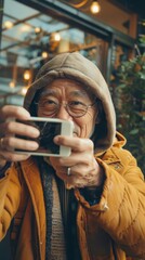 Obraz premium Senior man using smartphone outside