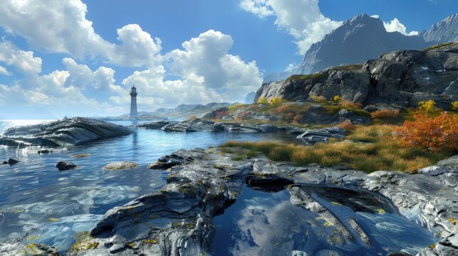 A scenic coastal landscape with rocky shores, tide pools, and a lighthouse in the distance.