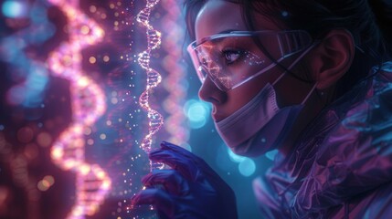 Scientist Examining Glowing DNA Strand - Generative AI