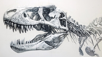 Realistic and detailed drawing of dinosaur skeletons, highlighting their unique features, on a white background © wasan