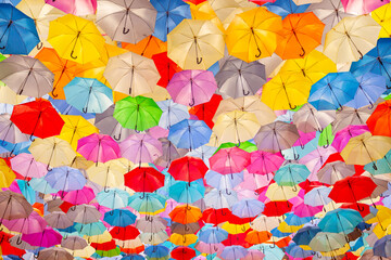 A mesmerizing display of countless colorful umbrellas creating a stunning canopy overhead. Perfect for concepts related to diversity, togetherness, and vibrancy.