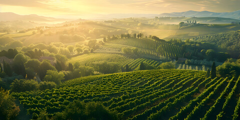 The sun sets over a vineyard, A Charming Tuscan Vineyard With Rows Of Grapevines Background. 