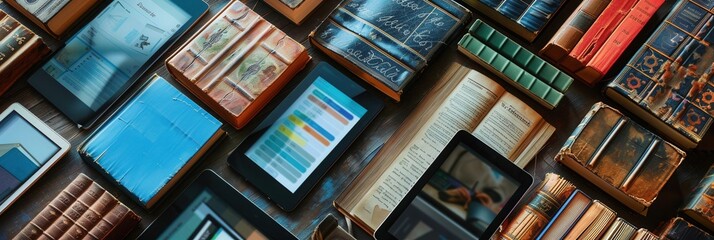 Tablets and e-readers showcasing digital educational materials and e-textbooks, highlighting modern learning and digital resources. Generative AI