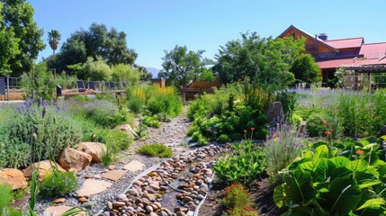 A scenic urban garden with water-efficient irrigation systems and native plant species.