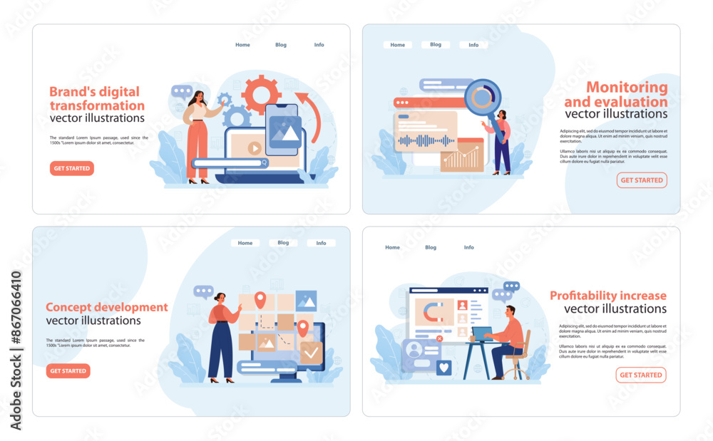 Poster rebranding strategy web illustrations. engaging set of vector illustrations showcasing stages of dig