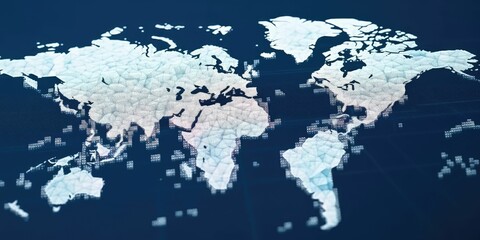Digital world map with glowing cyber data points on dark blue background. Global connectivity and internet technology concept. Design for network, communication, technology innovation theme. AIG35.